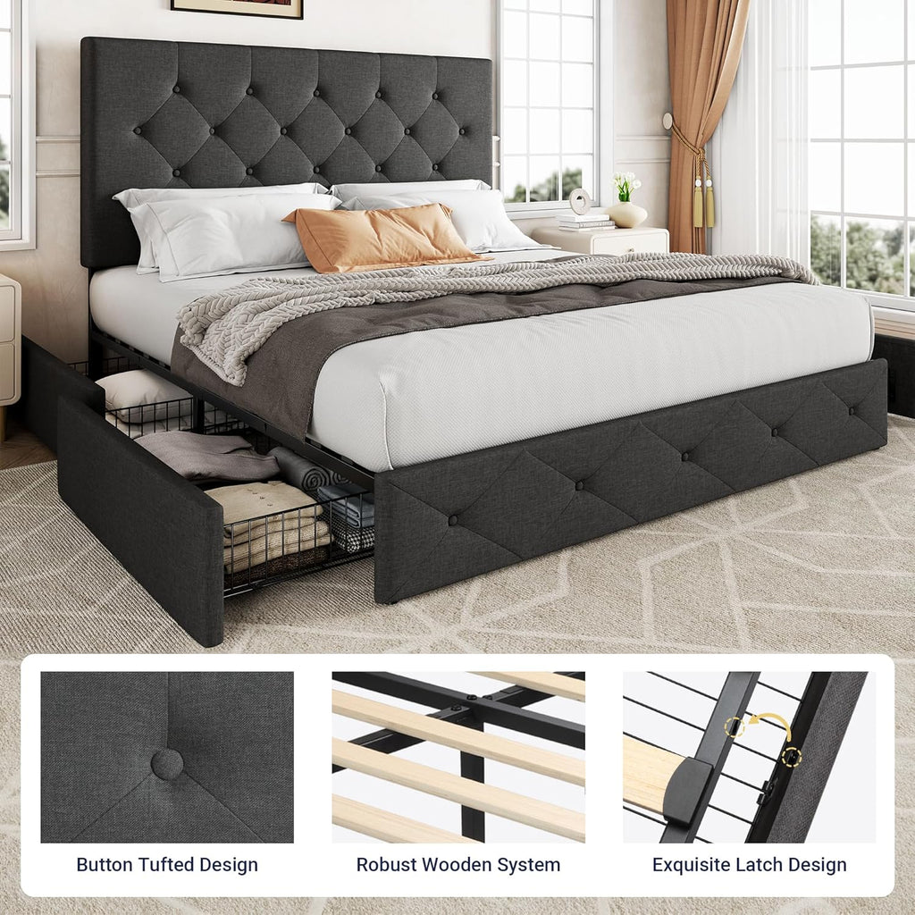 Allewie Upholstered Queen Size Platform Bed Frame with 4 Storage Drawers and Headboard wourant