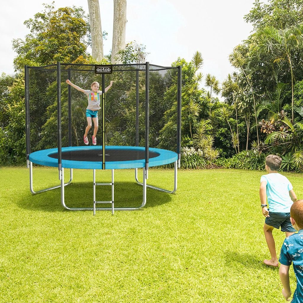 AOTOB 8FT 10FT 12FT 14 FT 15FT Trampoline with Safety Enclosure Net，Outdoor Trampoline with Basketball Hoop, Heavy Duty Jumping Mat and Spring Cover Padding for Kids and Adults, Storage Bag and Ladder wourant