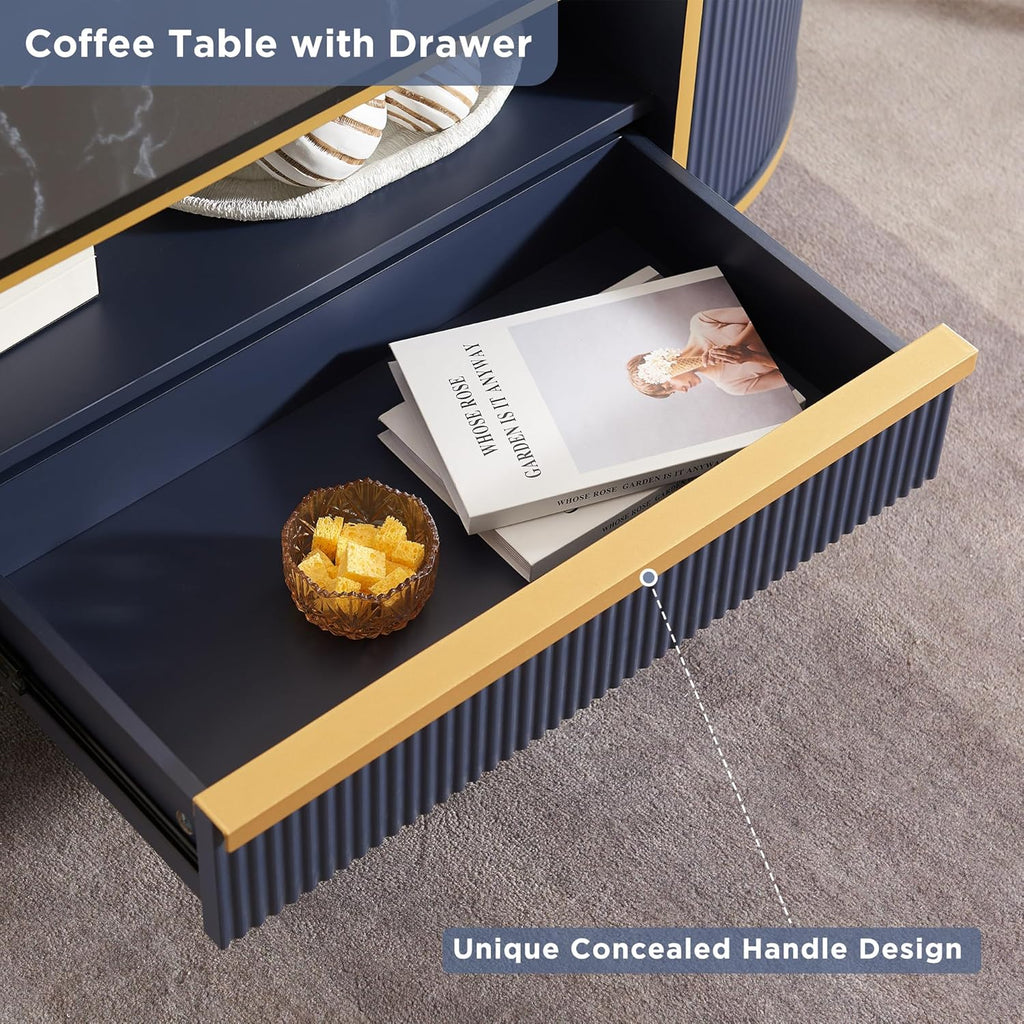 OKD Modern Luxury Grooved Coffee Table, 48 Inch Oval Coffee Table with Drawers, Imitation Marble Top, Curved Contour Design, Gold Metal Trim, Living Room Center Table wourant