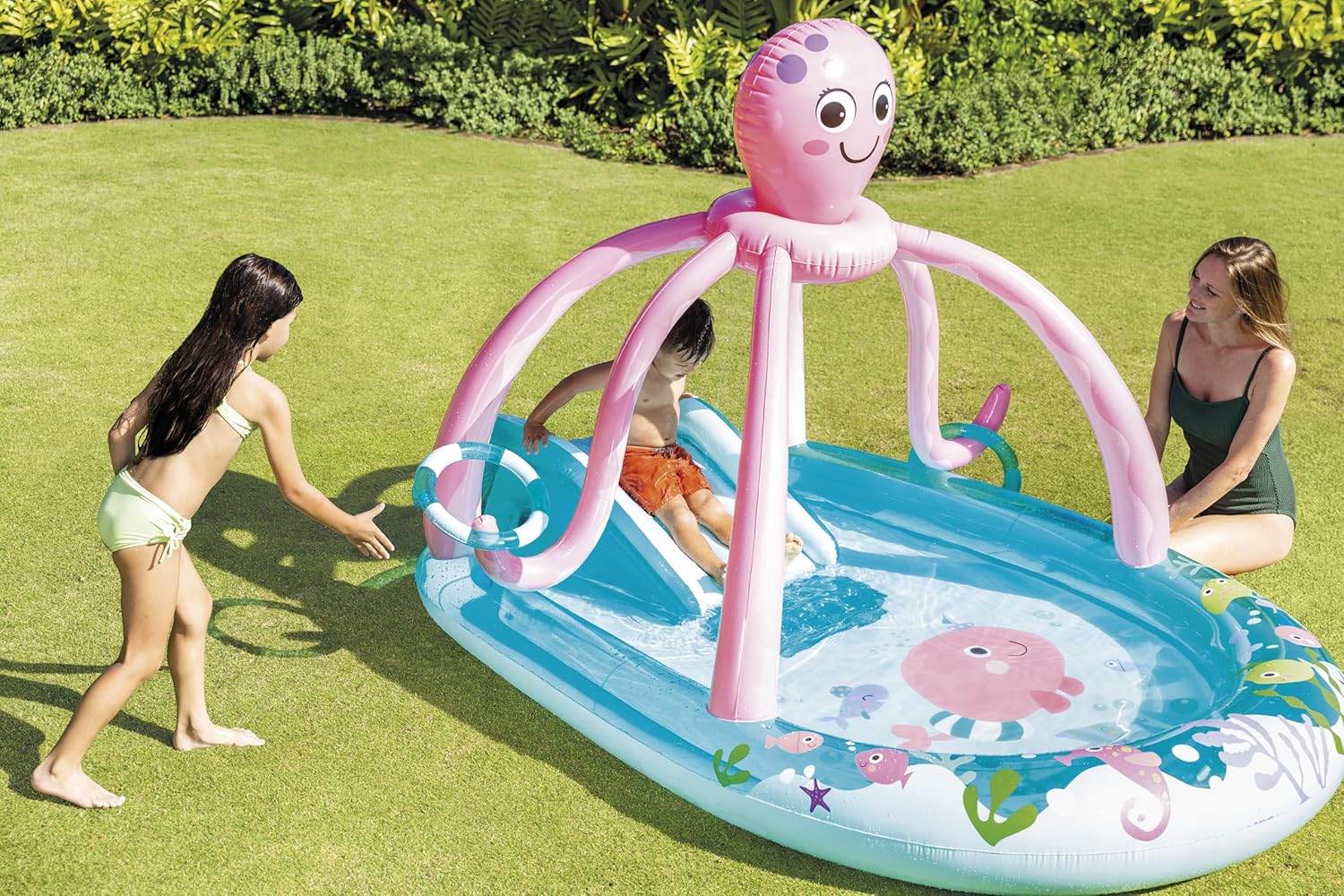 Intex 96" x 78" x 28" Inflatable Jungle Adventure Play Center Spray Kiddie Pool - Backyard Kids Water Slide, Outdoor Blow-Up Splash Pad for Toddlers wourant