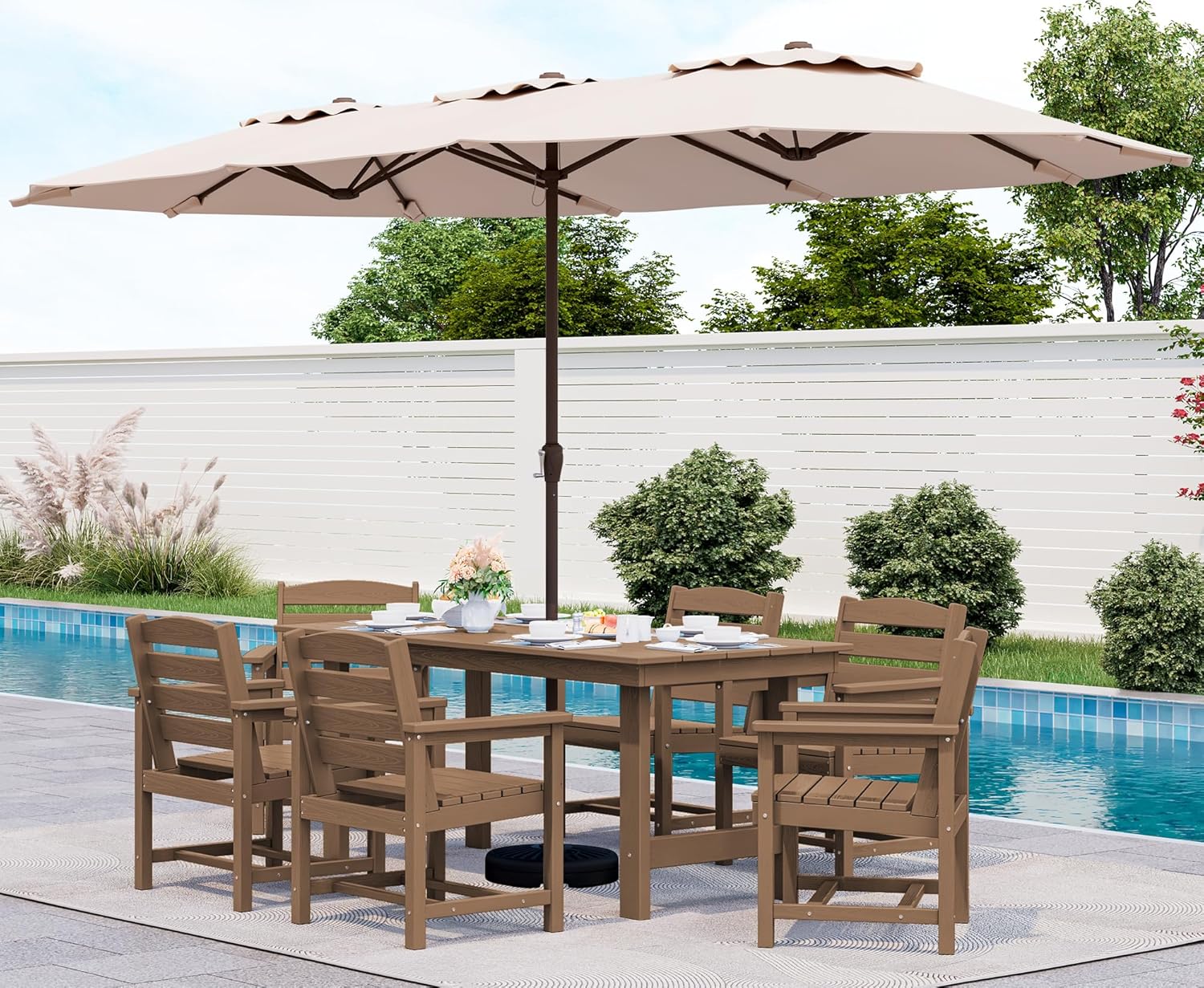 SERWALL 7-Piece Patio Dining Table Sets, Outdoor HDPE Dining Furniture Set with Umbrella Hole Cut-Out Table and 6 Chairs, Blue woonhhop