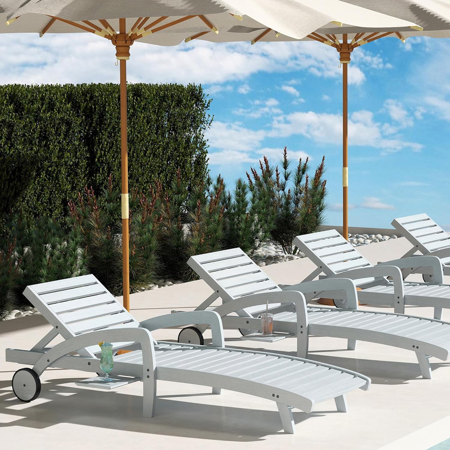 Pool Chaise Lounge Chairs Set of 4 5-Position Adjustable Outdoor Patio Lounge Chairs Wood Reclining Chaise Lounger Chair with Pullout Side Table wourant