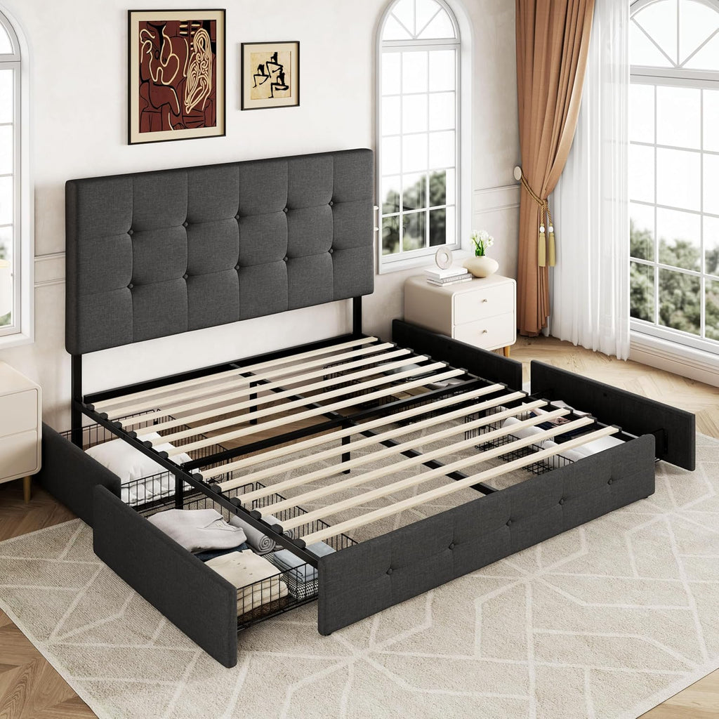 Allewie Upholstered Queen Size Platform Bed Frame with 4 Storage Drawers and Headboard wourant
