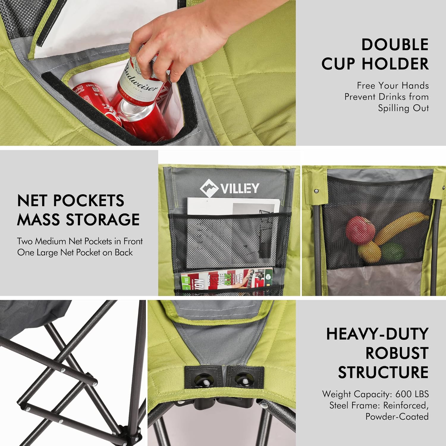 Double camping chair (with cooler bag), extra wide love seat, heavy duty padded camping sofa, portable folding chair wourant