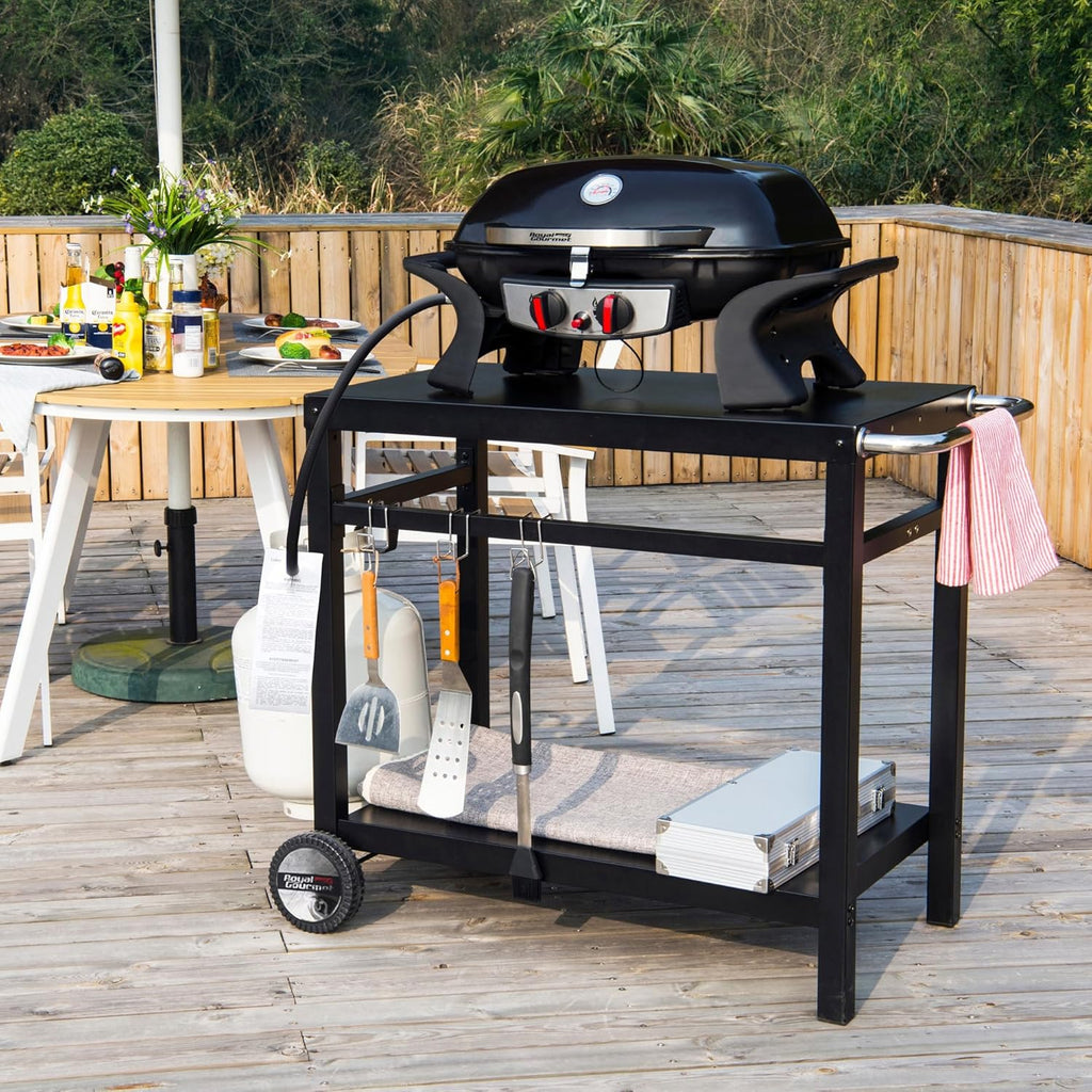 Royal Gourmet Dining Cart Table with Double-Shelf, Movable Stainless Steel Flattop Grill Cart, Hooks, Side Handle, Multifunctional PC3401B (Black) wourant