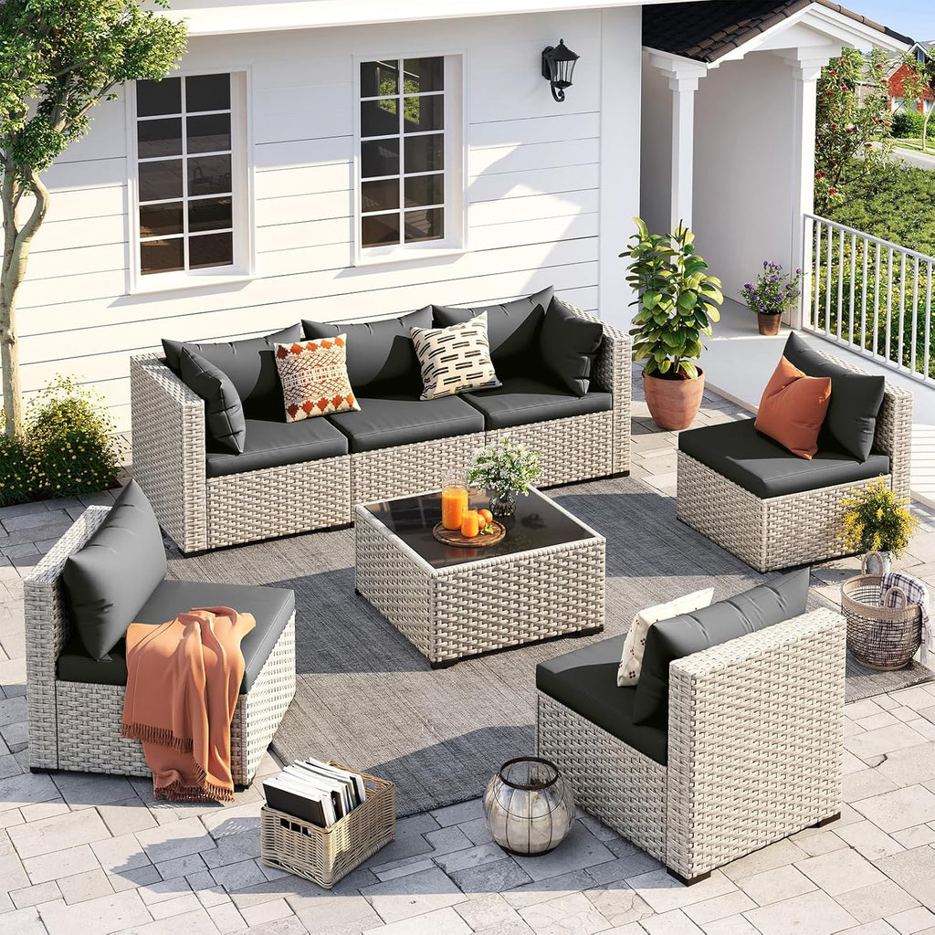 UDPATIO Outdoor Patio Furniture Set, 7-Piece PE Wicker Sectional Sofa with Tea Table, Outdoor Conversation Set for Patio, Garden, Backyard Green wourant