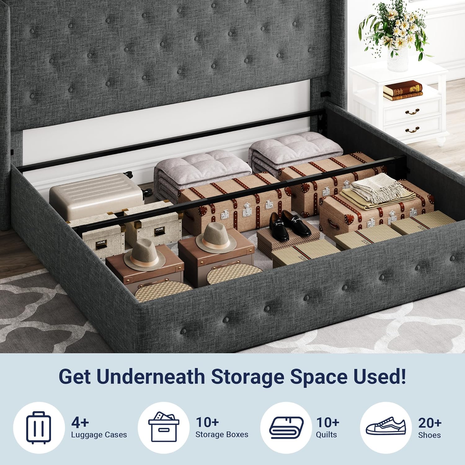 Allewie Queen Size Lift Up Storage Bed Modern Wingback Headboard Hydraulic Support wourant