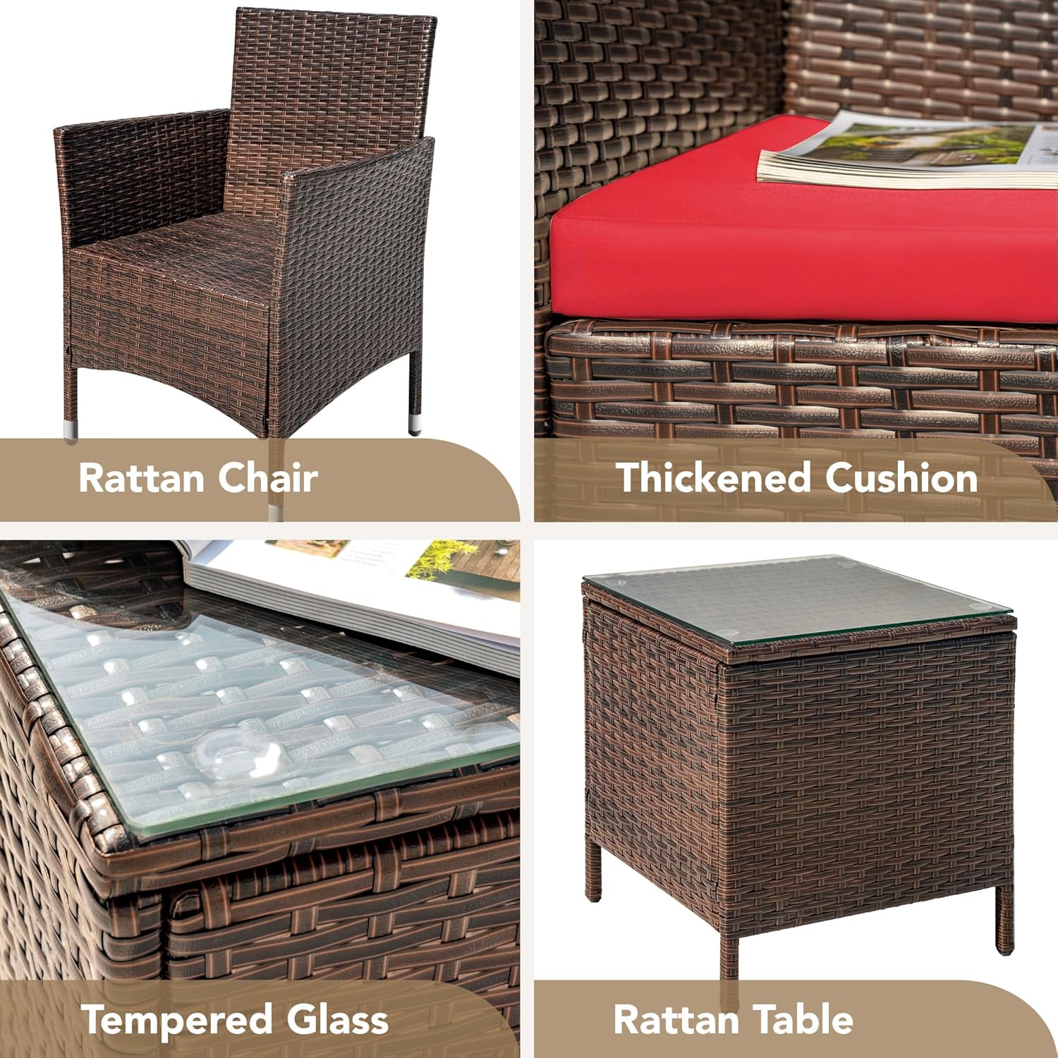 Devoko Patio Porch Furniture Sets 3 Pieces PE Rattan Wicker Chairs with Table Outdoor Garden Furniture Sets (Brown/Beige) wourant