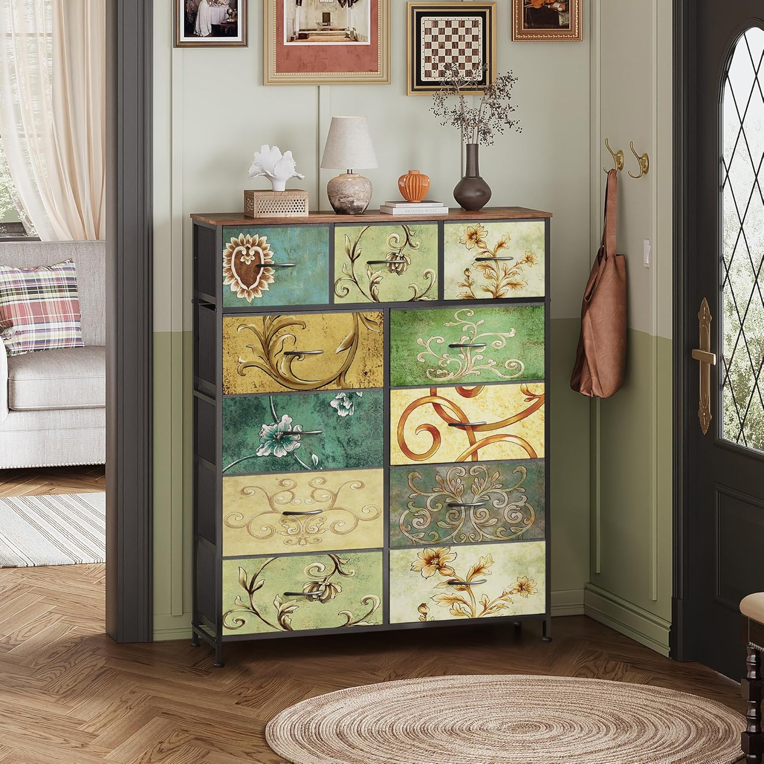 Storage Organizer Unit with 11 Fabric Bins, Storage Drawers Organizer with Steel Frame, Tall Storage Tower Organizaton wourant
