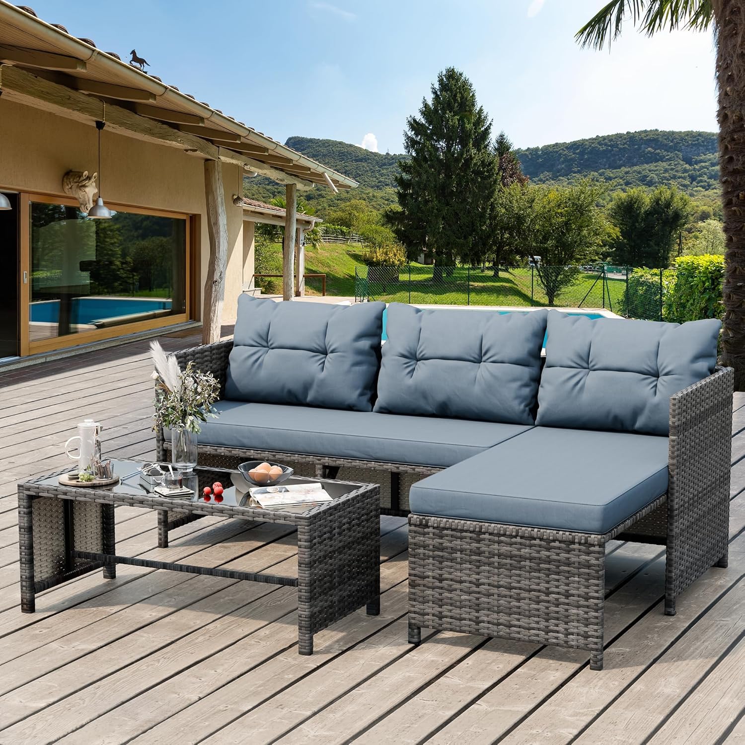 Shintenchi 3-Piece Outdoor Patio Furniture Sets, Wicker Patio Conversation Sets, All Weather Wicker Rattan Patio Seating Sofas with Glass Coffee Table and Cushion, Blue-Gray woonhhop