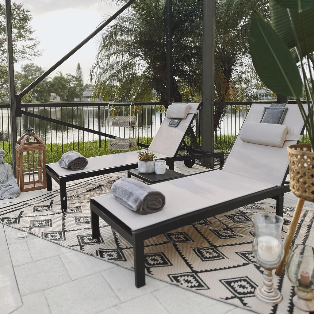 PURPLE LEAF Patio Tanning Lounge Chair Set with Face Down Hole Outdoor Aluminum Adjustable Reclining Chairs Wheels Pillows and Table for Poolside Beach Sunbathing Lounger, Beige wourant