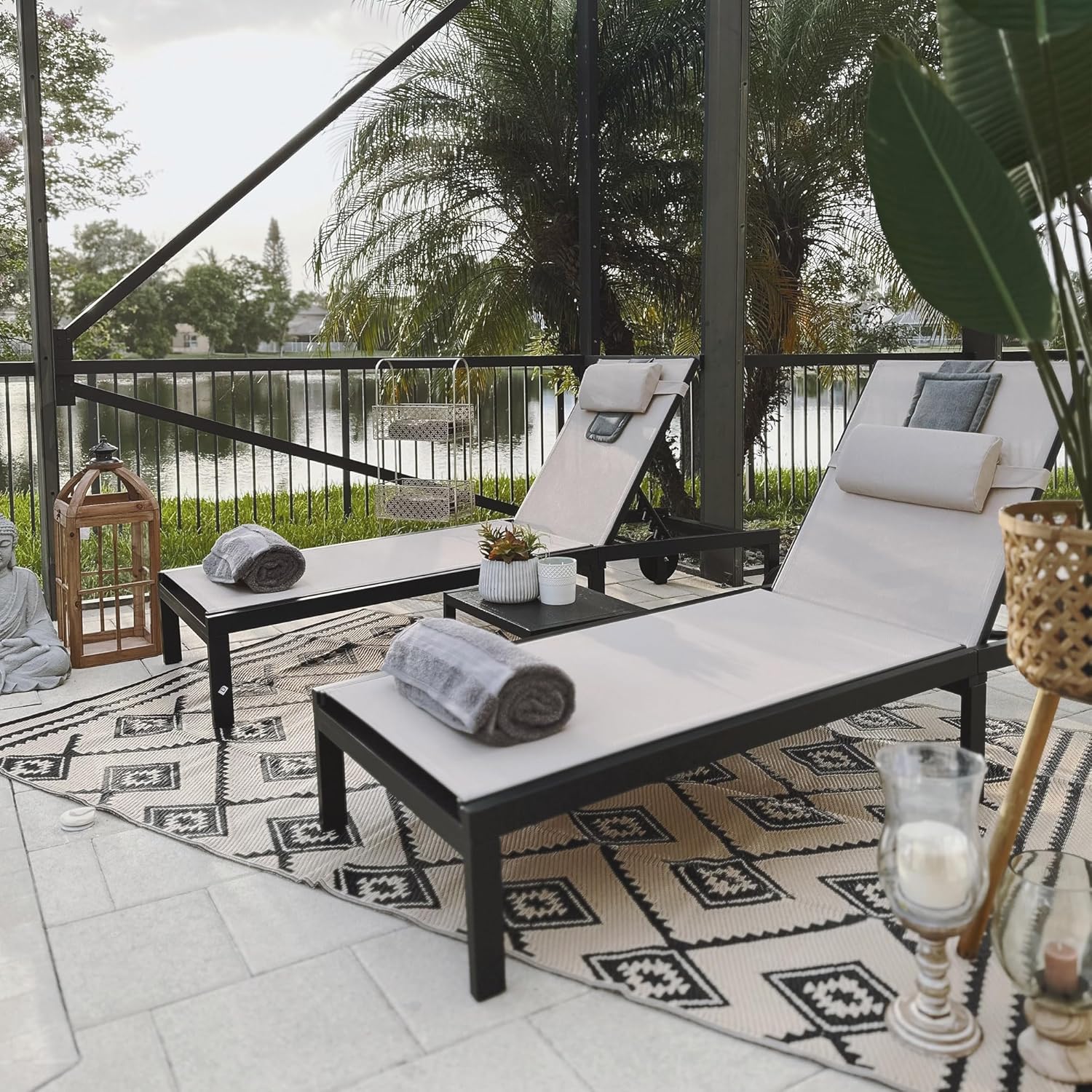 PURPLE LEAF Patio Tanning Lounge Chair Set with Face Down Hole Outdoor Aluminum Adjustable Reclining Chairs Wheels Pillows and Table for Poolside Beach Sunbathing Lounger, Beige wourant