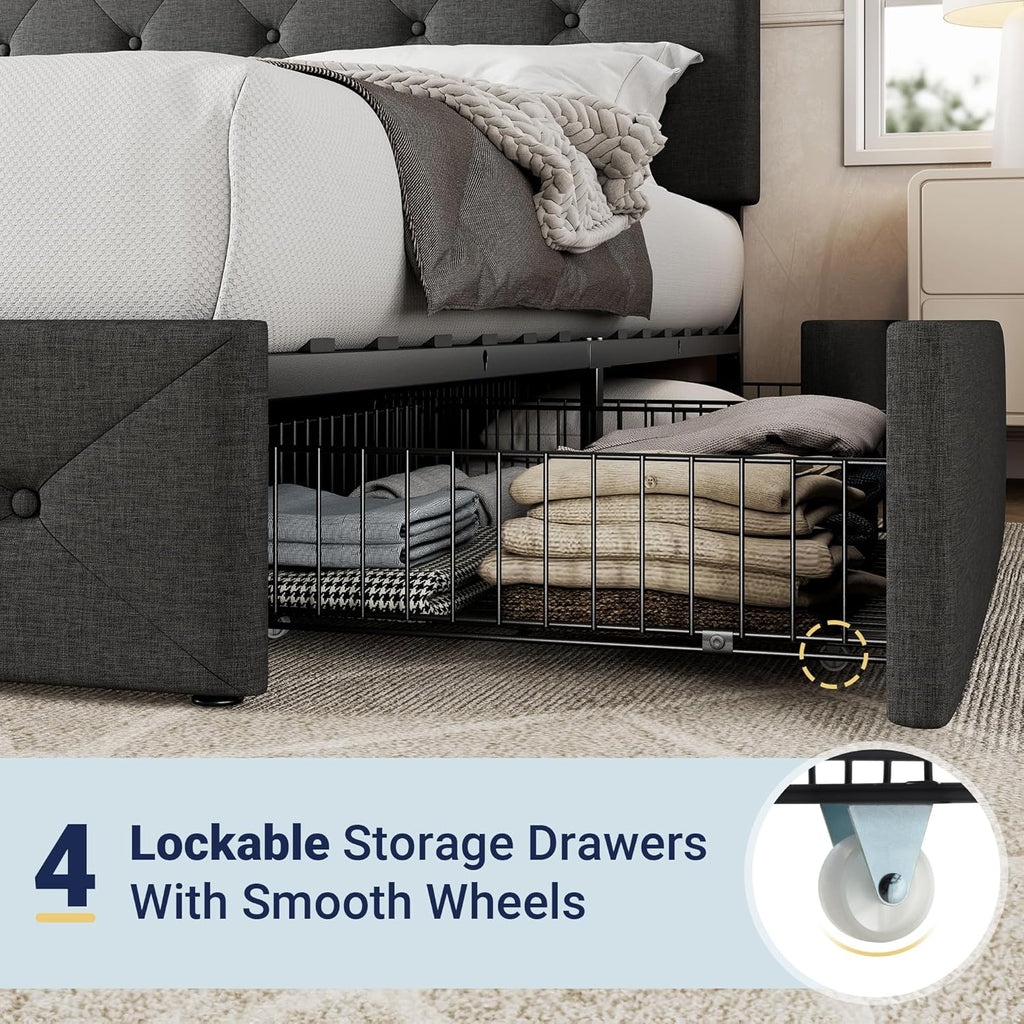 Allewie Upholstered Queen Size Platform Bed Frame with 4 Storage Drawers and Headboard wourant