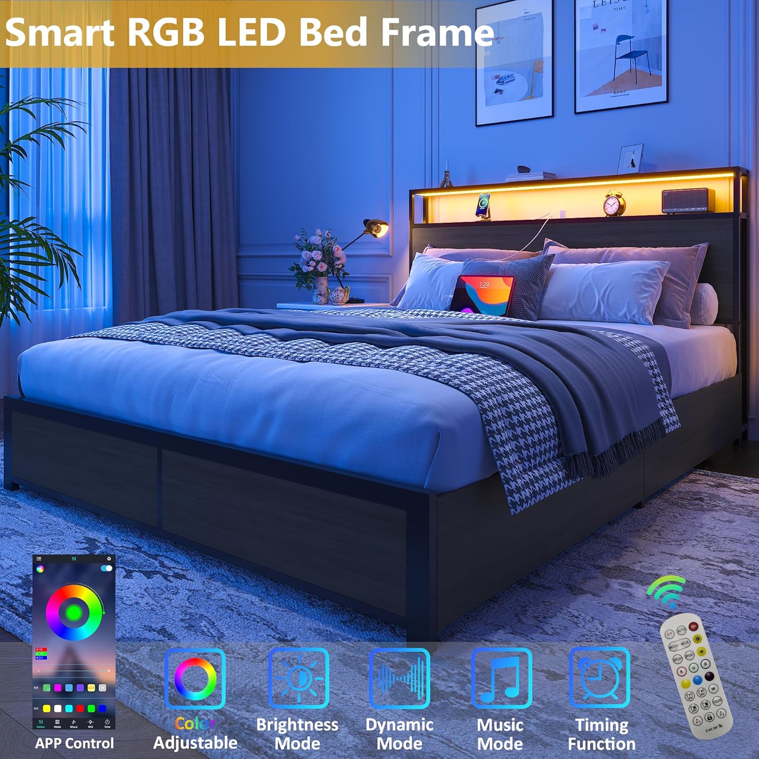 Lifezone Queen Bed Frame with 2-Tier Storage Headboard, Metal Platform Bed Frame with 4 Storage Drawers, Built in Charging Station & LED, Noise-Free/Metal Support/No Box Spring Needed wourant