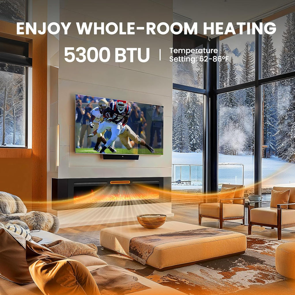 50" Smart Electric Fireplace 5300 BTU Heat Output, Ultra-Slim Wall-Mount or Built-In Electric Fireplace wourant