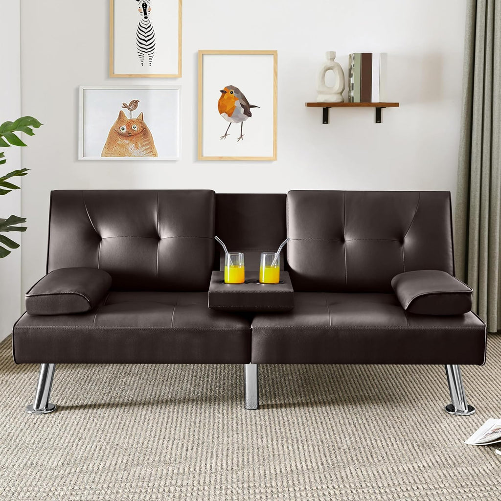 Yaheetech Convertible Sofa Bed Adjustable Couch Sleeper Modern Faux Leather Home Recliner Reversible Loveseat Folding Daybed Guest Bed, Removable Armrests, Cup Holders, 3 Angles, 772lb Capacity, Brown wourant
