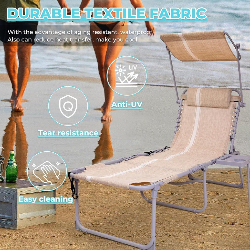 2 Pack Outdoor Chaise Lounge Chair - Portable Folding Patio Pool Lounge Chair, 5 Positions Adjustable Reclining Camping Chair with Side Table,Shoulder Strap, Pillow for Beach Sunbathing Lawn wourant