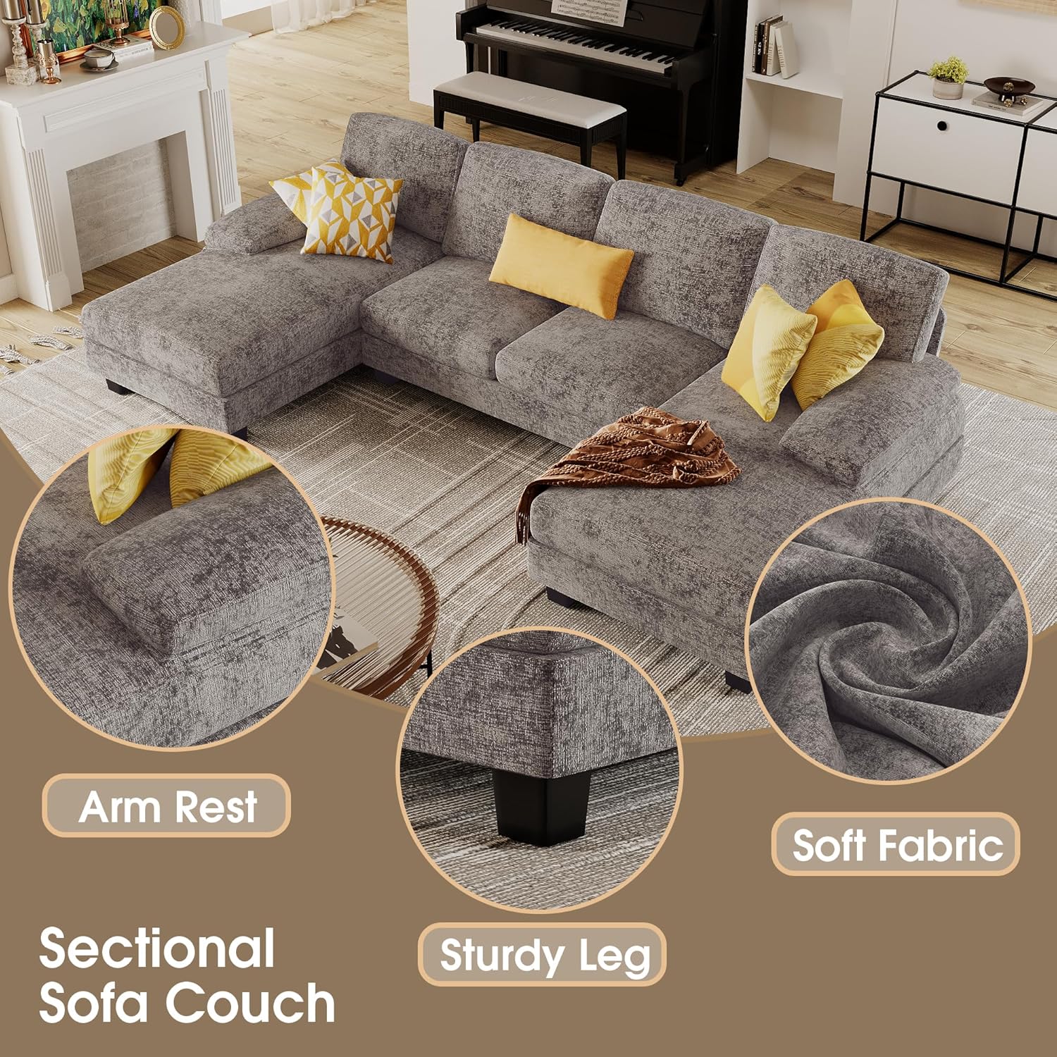 Furmax Sectional Couches for Living Room U-Shaped Sofa Couch Linen Fabric 4 Seat Sofa Set wourant