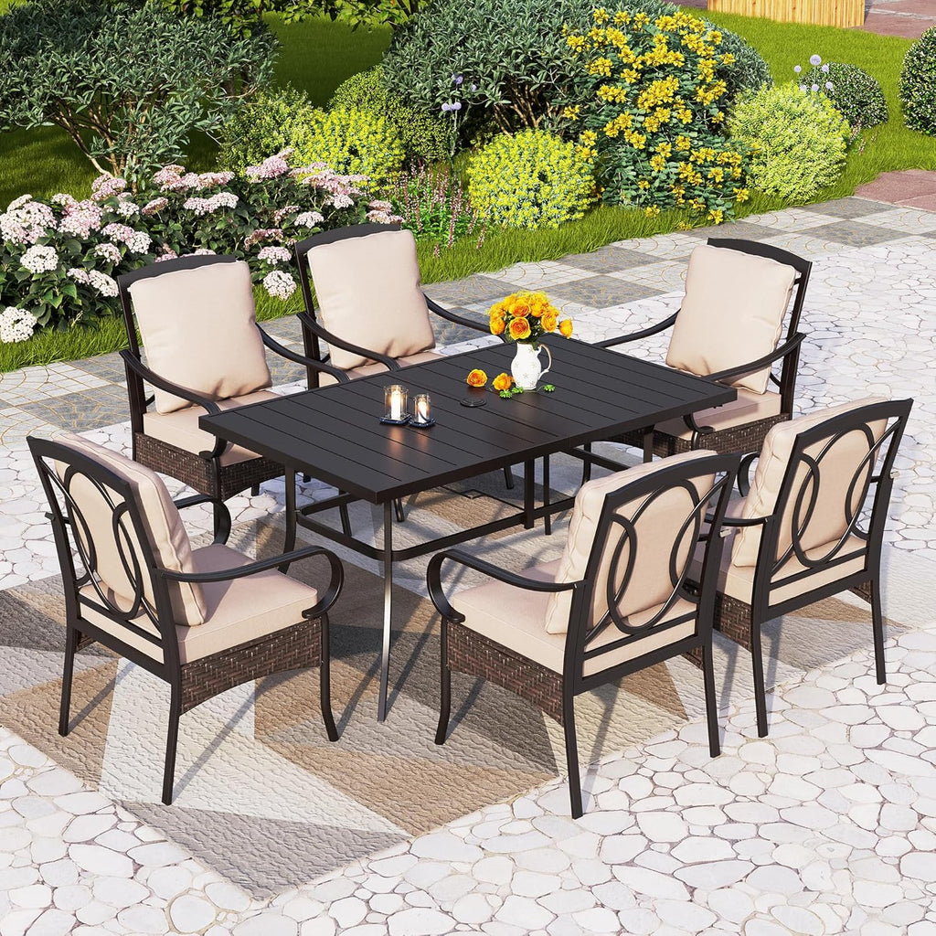 PHI VILLA 6-Piece Outdoor Dining Sets, All-Weather Patio Table and Chairs Set with Umbrella for 4, Heavy Duty Patio Round Table Set for Deck, 4 Extra Large Outdoor Swivel Chairs with Thick Cushions wourant