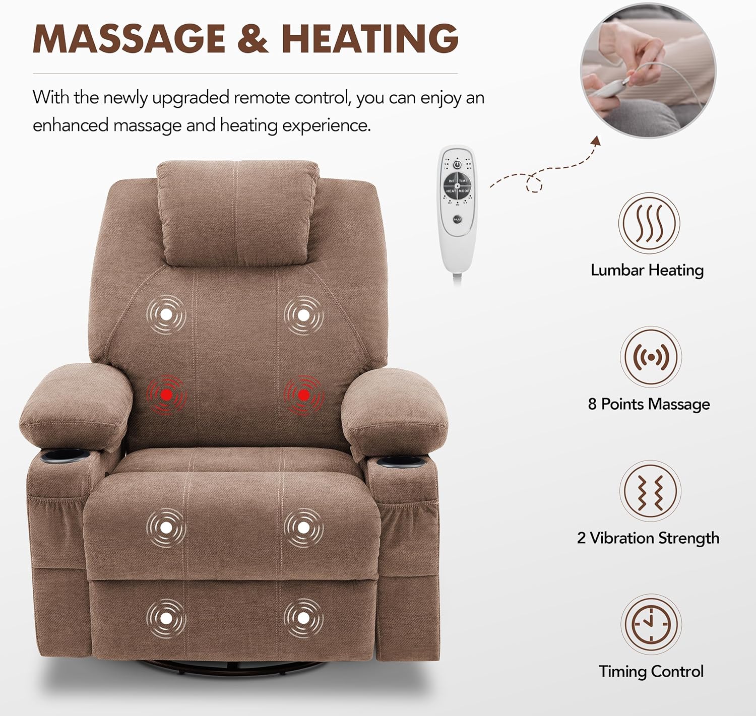 Large Swivel Rocking Recliner with Heating and Massage Function, 360 Degree Swivel Rocking Single Sofa wourant