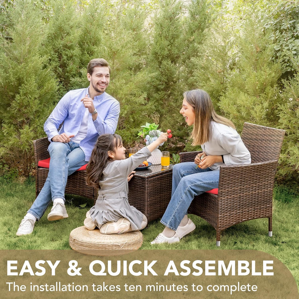 Devoko Patio Porch Furniture Sets 3 Pieces PE Rattan Wicker Chairs with Table Outdoor Garden Furniture Sets (Brown/Beige) wourant