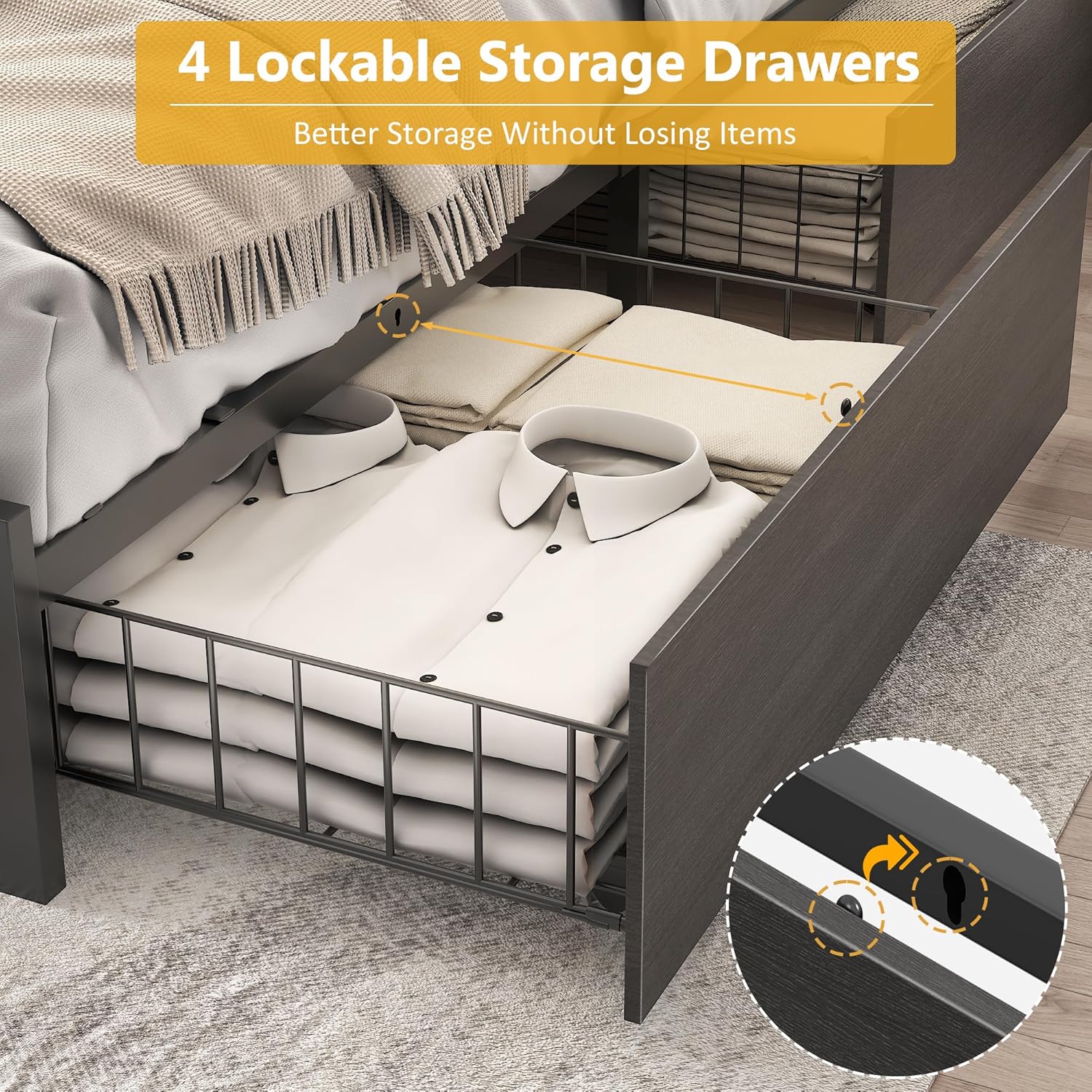 Lifezone Queen Bed Frame with 2-Tier Storage Headboard, Metal Platform Bed Frame with 4 Storage Drawers, Built in Charging Station & LED, Noise-Free/Metal Support/No Box Spring Needed wourant