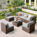 7 Pieces Outdoor Patio Furniture Set, PE Rattan Outdoor Wicker Sectional Furniture Sofa Set, with Cushions and Glass Coffee Table, for Balcony, Porch, Garden, Grey woonhhop