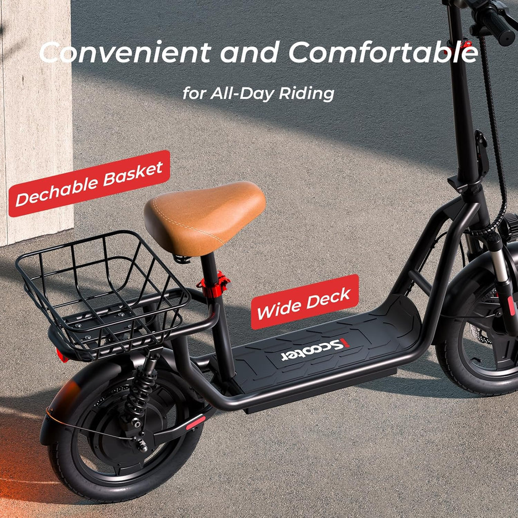 iScooter electric scooter with seat, 37/21 mile range, 28/19/15.6 mph top speed, dual suspension scooter with basket wourant