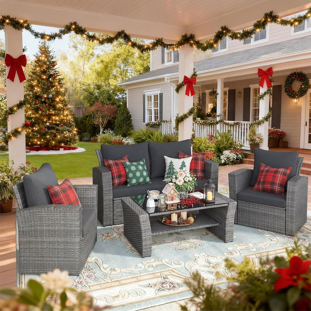Wisteria Lane 4 Piece Patio Furniture Set, Wicker Outdoor Patio Conversation Furniture Set, All Weather Outdoor Patio Sofa with Cushion and Glass Table, Navy Blue woonhhop