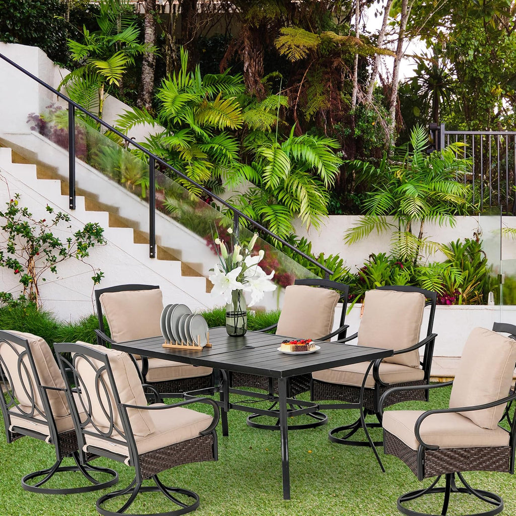 PHI VILLA 6-Piece Outdoor Dining Sets, All-Weather Patio Table and Chairs Set with Umbrella for 4, Heavy Duty Patio Round Table Set for Deck, 4 Extra Large Outdoor Swivel Chairs with Thick Cushions wourant