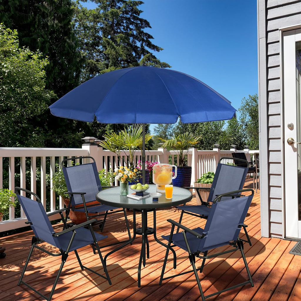 Vongrasig 6 Piece Folding Patio Dining Set,Small Metal Outdoor Garden Patio Table and Chair Set w/Umbrella for Lawn,Deck,Backyard,Black wourant