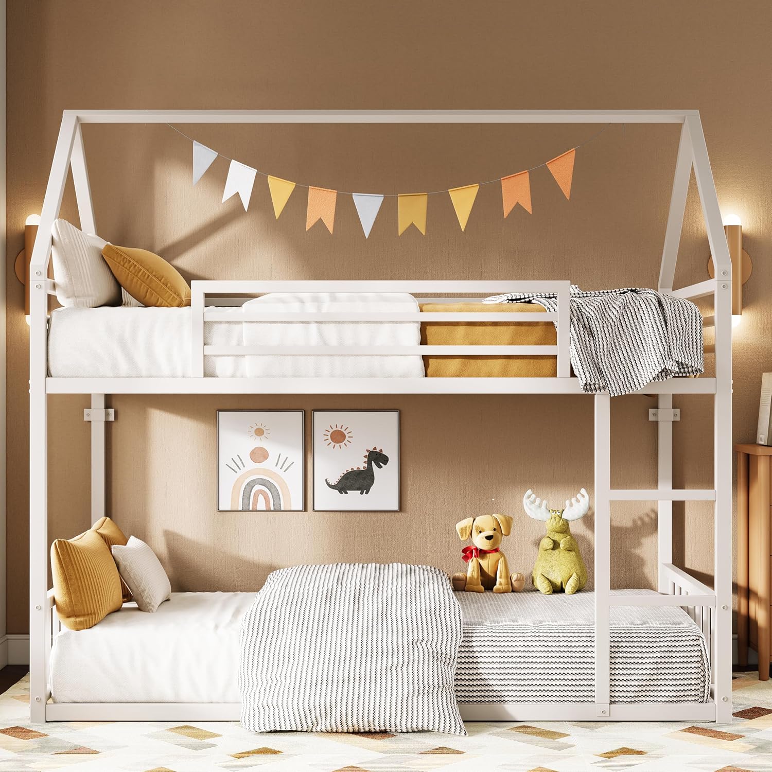 LIKIMIO Bunk Bed Twin Over Twin House Bunk Bed Frame Guardrail House Shaped Metal Slats wourant