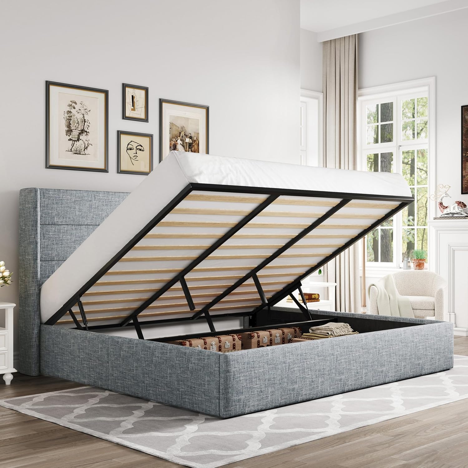 Allewie Queen Size Lift Up Storage Bed Modern Wingback Headboard Hydraulic Support wourant