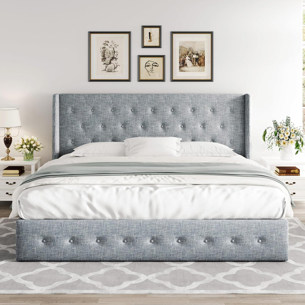 Allewie Queen Size Lift Up Storage Bed Modern Wingback Headboard Hydraulic Support wourant
