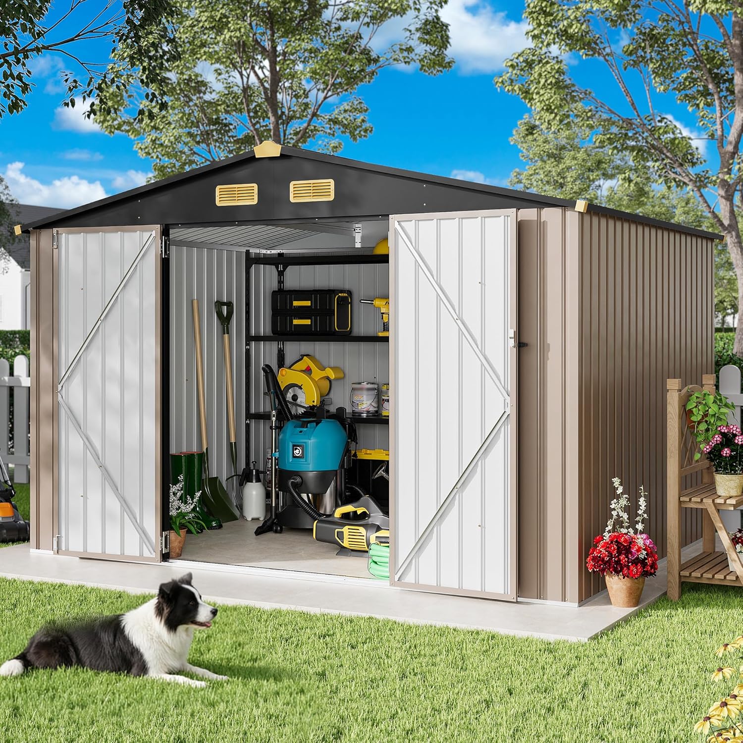 IRONCK 10x8FT Outdoor Storage Shed with Breathable Vent Galvanized Steel Metal Tool Shed wourant