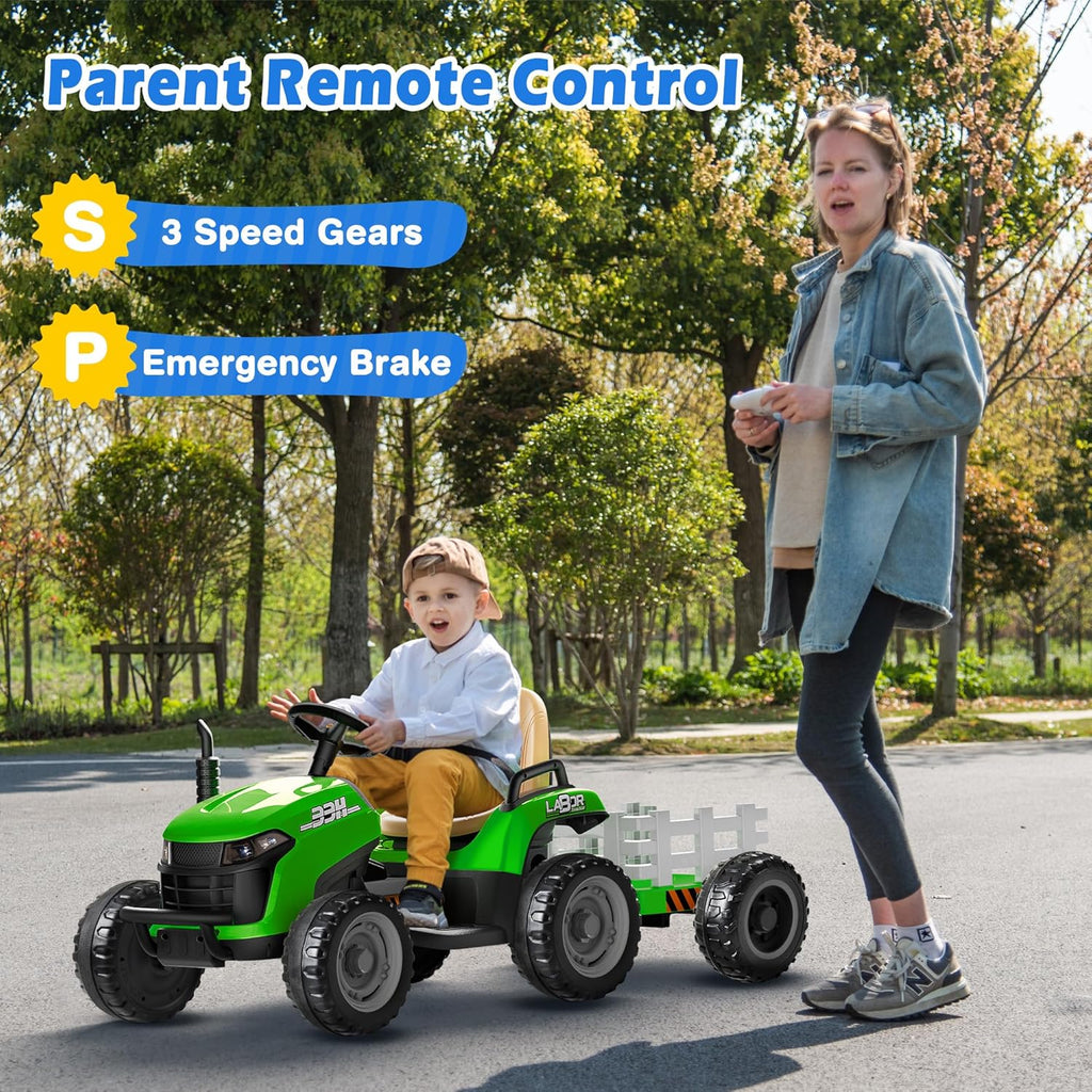 24V Ride On Tractor w/Tiltable & Detachable Trailer, 2x65W Motors, EVA Tires, Remote Control, Bluetooth, Shifter, Music, Electric Car for Kids, Green wourant