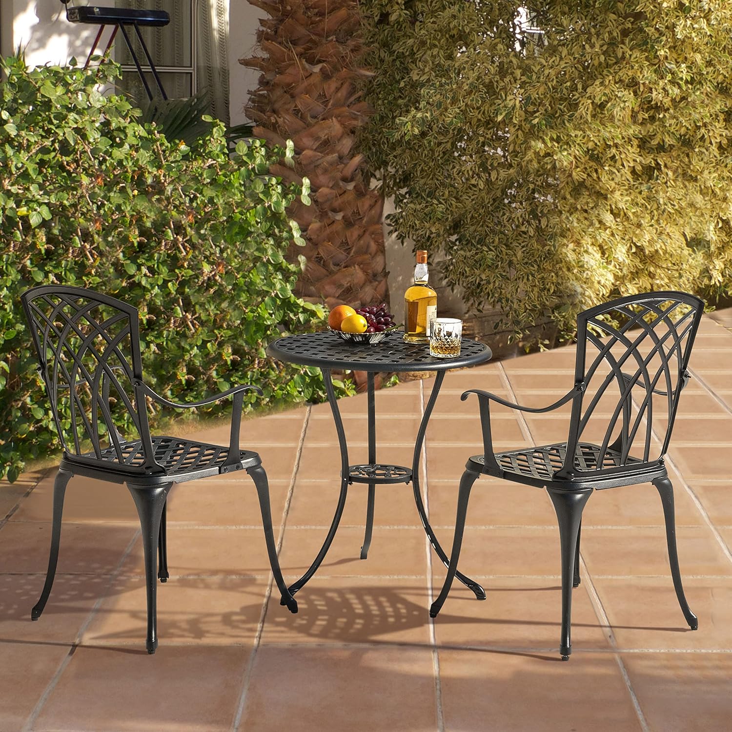 NUU GARDEN Bistro Set 3 Piece Outdoor Cast Aluminum Patio Bistro Set Patio Table and Chairs Set of 2 with Umbrella Hole and Gray Cushions, Black wourant