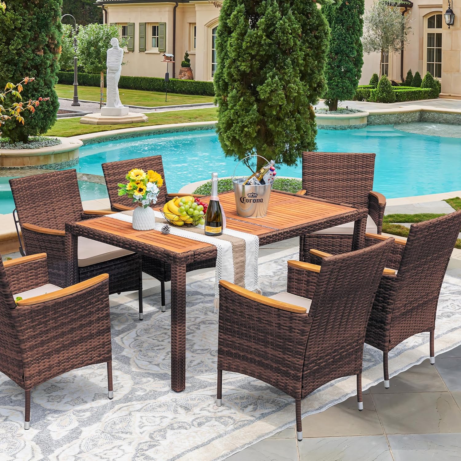 Devoko Dining 7 PCS Furniture, Patio Conversation Set with Acacia Wood Table Top, Rattan Outdoor, Black wourant