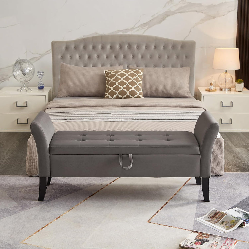 Furniliving Modern Storage Ottoman Bench, Sherpa Ottoman End of Bed Bench with Solid Wood Legs Upholstered Ottoman Benches with Storage Indoor Bench wourant