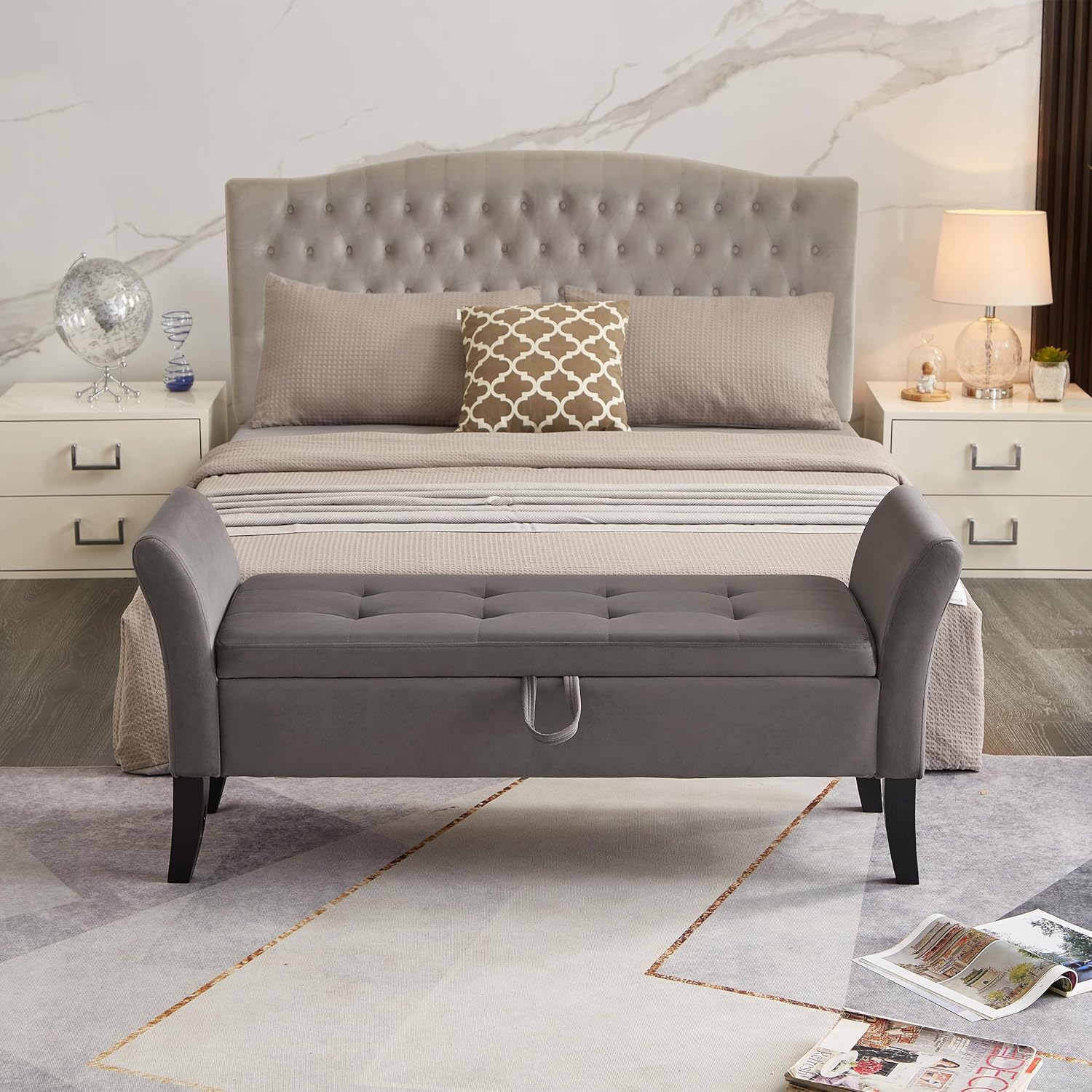 Furniliving Modern Storage Ottoman Bench, Sherpa Ottoman End of Bed Bench with Solid Wood Legs Upholstered Ottoman Benches with Storage Indoor Bench wourant