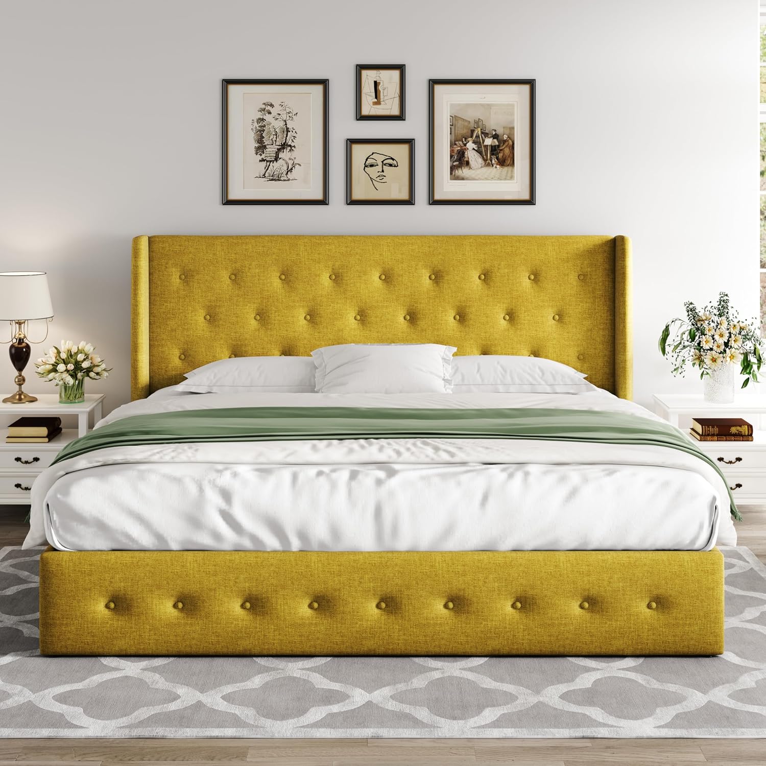 Allewie Queen Size Lift Up Storage Bed Modern Wingback Headboard Hydraulic Support wourant
