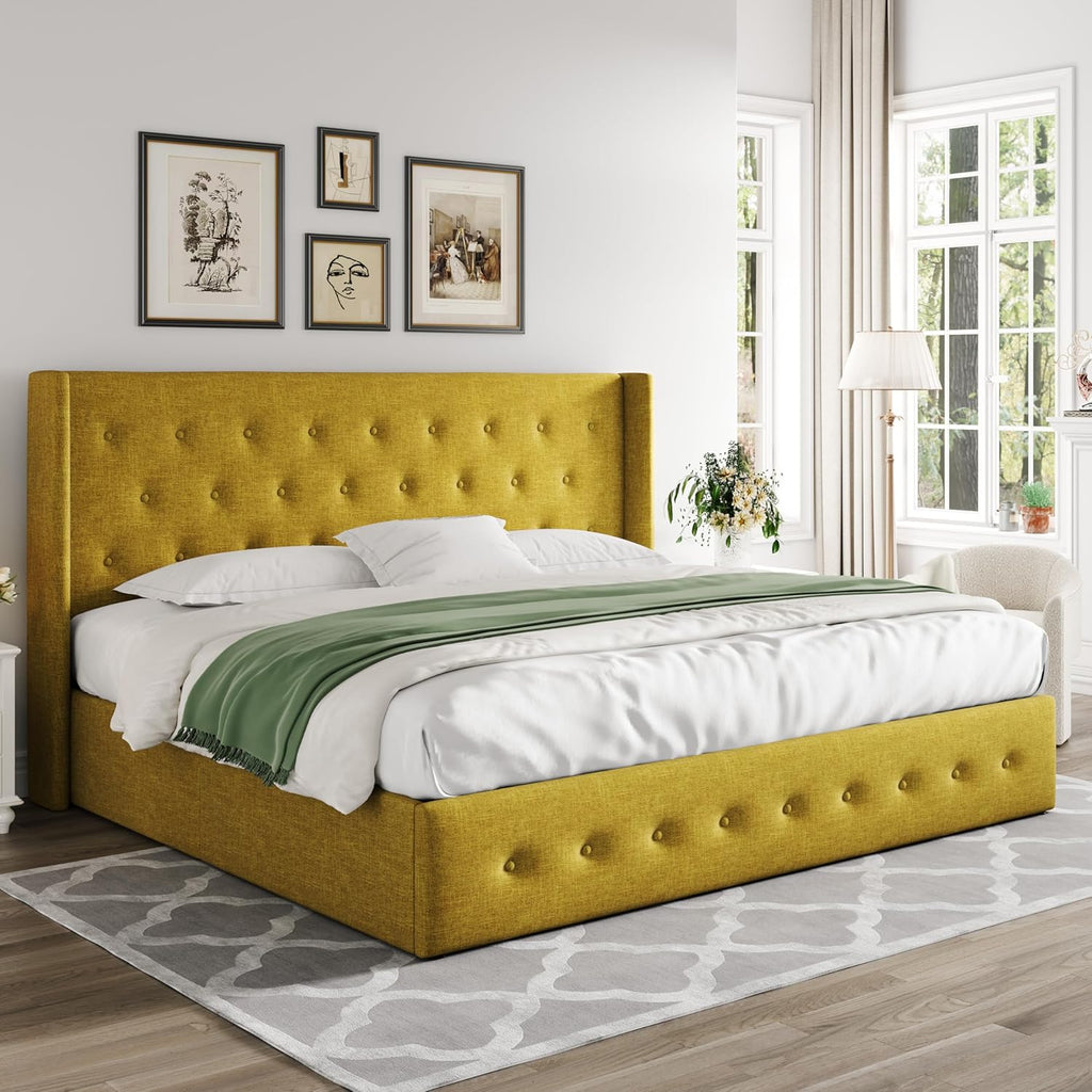 Allewie Queen Size Lift Up Storage Bed Modern Wingback Headboard Hydraulic Support wourant