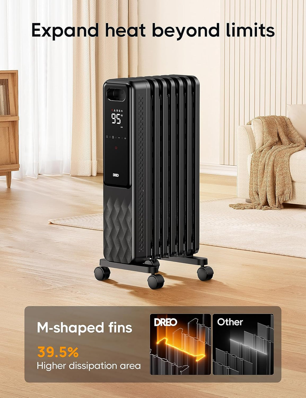 Dreo Oil Filled Radiator, Electric Radiant Heaters for indoor use Large Room with Remote Control, Child Lock, 4 Modes, Overheat & Tip-Over Protection, 24h Timer, Digital Thermostat, Quiet, 1500W wourant