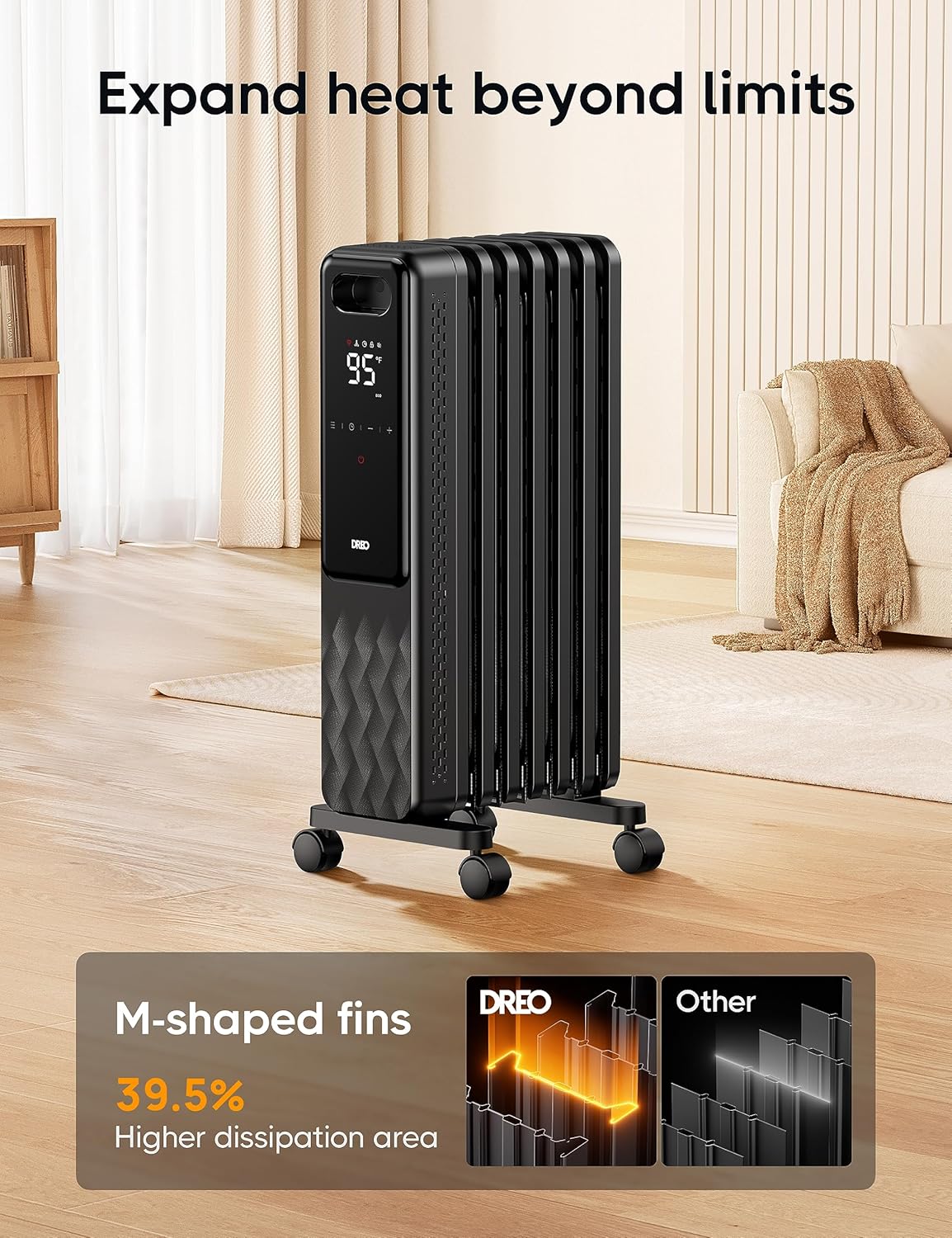 Indoor electric radiant heater with overheat and tip-over protection, digital thermostat, oil-filled radiator wourant