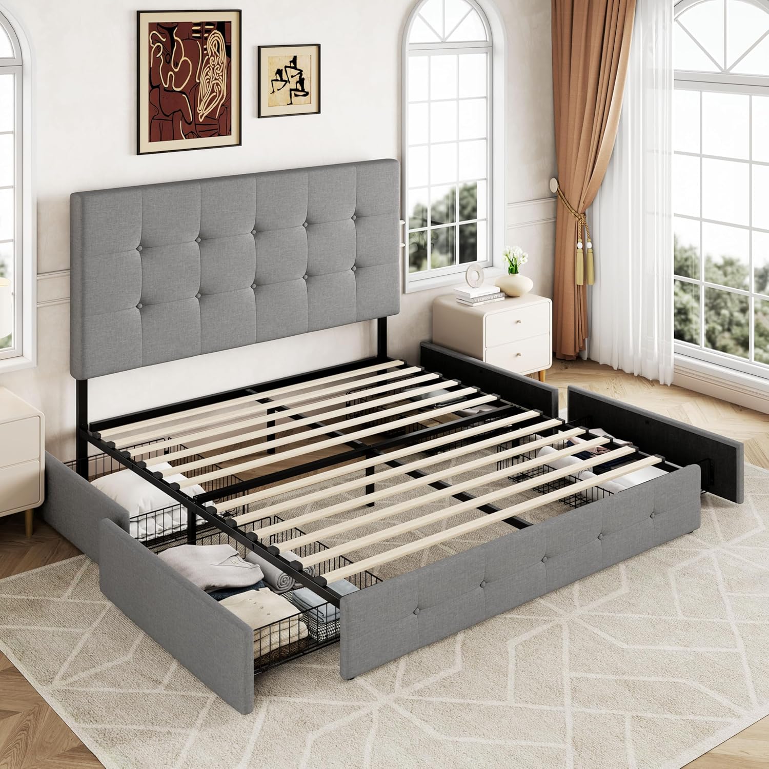 Allewie Upholstered Queen Size Platform Bed Frame with 4 Storage Drawers and Headboard wourant