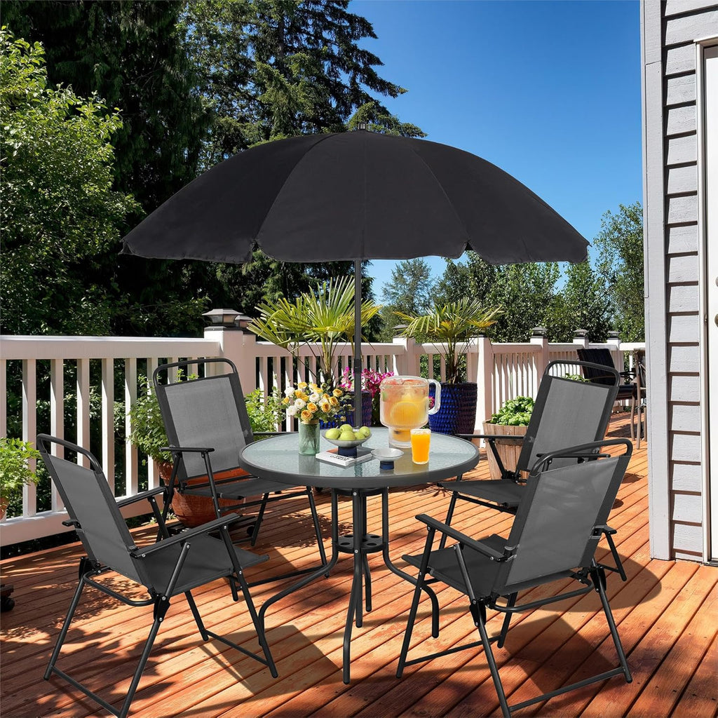 Vongrasig 6 Piece Folding Patio Dining Set,Small Metal Outdoor Garden Patio Table and Chair Set w/Umbrella for Lawn,Deck,Backyard,Black wourant