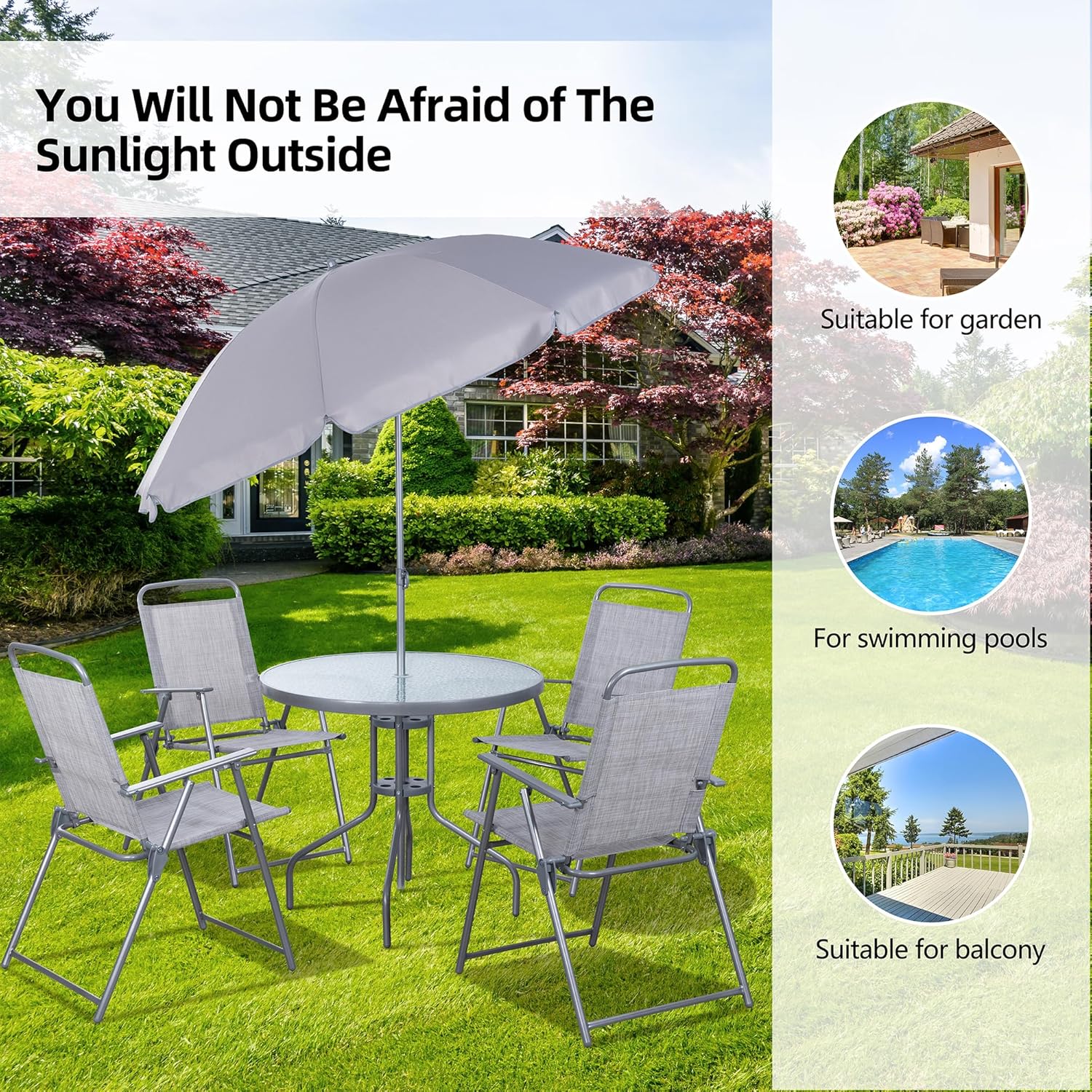 Vongrasig 6 Piece Folding Patio Dining Set,Small Metal Outdoor Garden Patio Table and Chair Set w/Umbrella for Lawn,Deck,Backyard,Black wourant