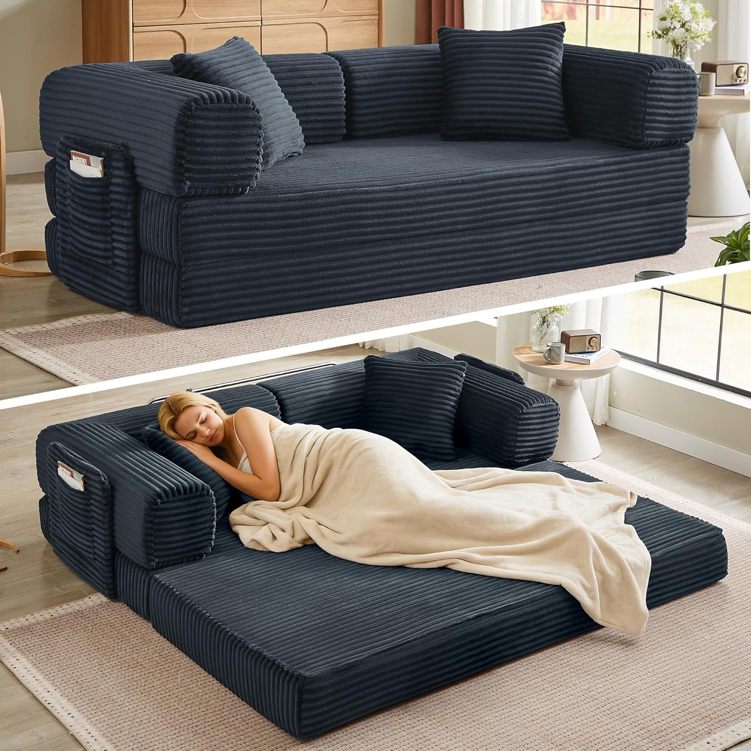 Boneless Couch Folding Couches for Living Room Sofa, Futon Sofa Bed with Sleeper Sofa, Futon Couch with Fixed-Shape Oversized Corduroy Upholstered (White, 81 Inches) wourant