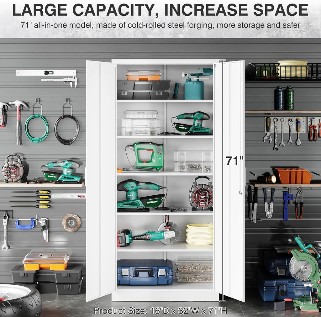 Metal Storage Cabinet with 2 Doors and 6 Shelves, Black Metal Cabinet with Lock, 71 Inch Lockable Garage Storage Cabinet wourant