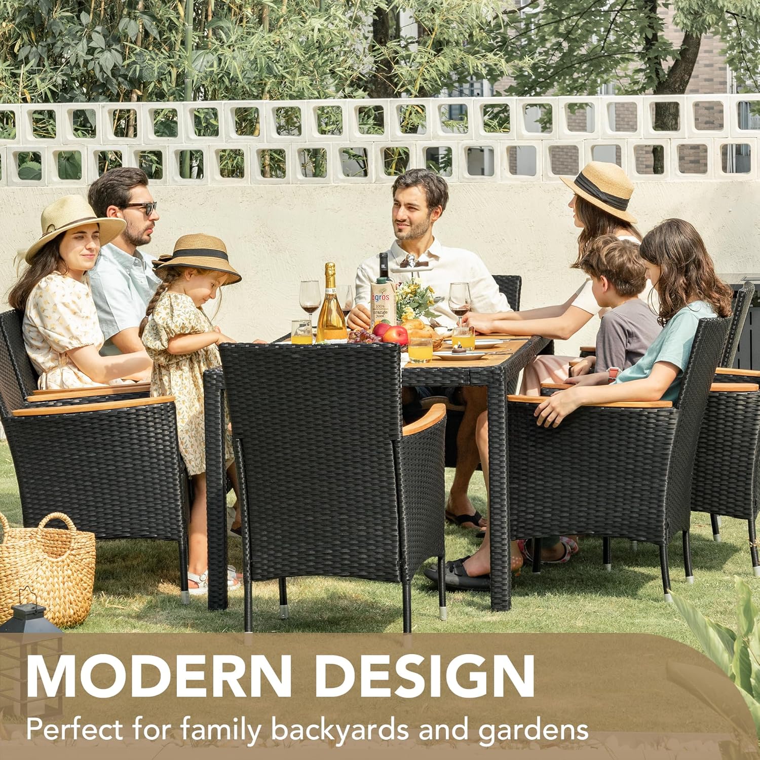 Devoko Dining 7 PCS Furniture, Patio Conversation Set with Acacia Wood Table Top, Rattan Outdoor, Black wourant